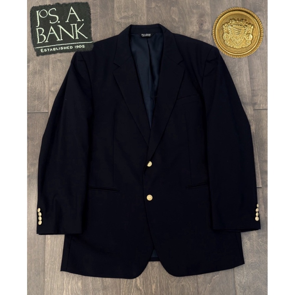 Jos A Bank Mens Navy Blue 100% Wool Suit Jacket Blazer Gold Buttons Size 50L